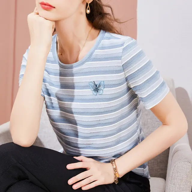 Striped T shirt Round Neck Butterfly Embroidered Short Sleeve T Shirt Women Women Blue Round Neck - Shop at LoveMi