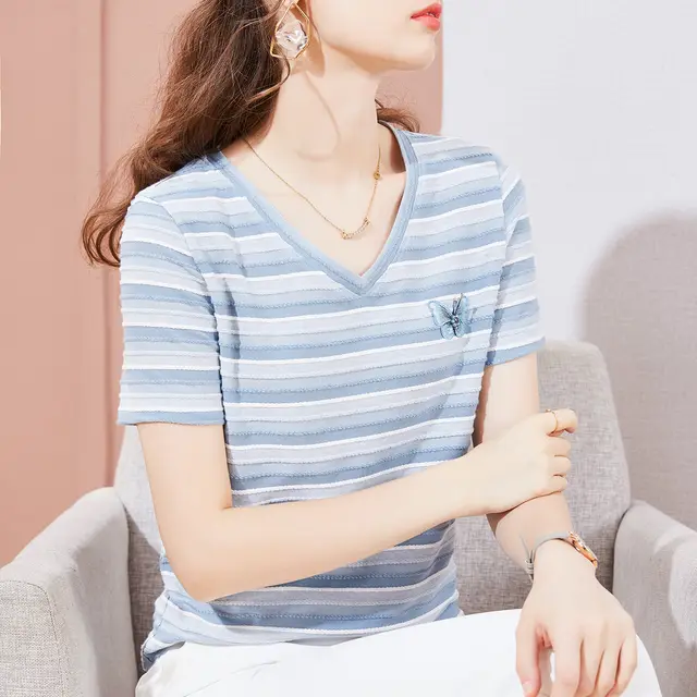Striped T shirt Round Neck Butterfly Embroidered Short Sleeve T Shirt Women Women Blue Vneck - Shop at LoveMi