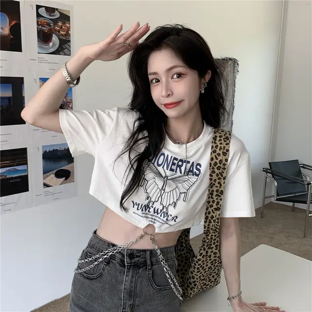 Short Sleeve T Shirt Women's Chain Butterfly Print Loose Short Top White - Shop at LoveMi