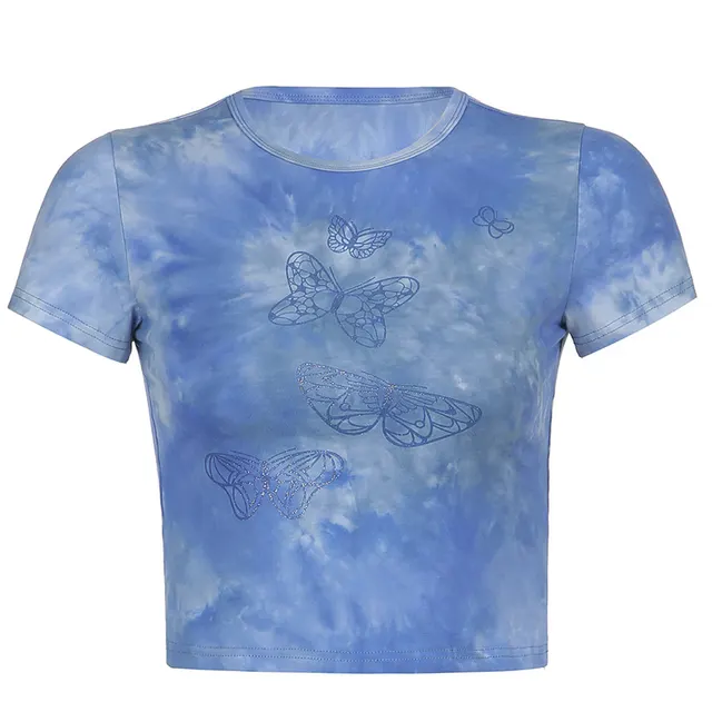 Sexy Tie dye Butterfly Print Slim Round Neck Short T shirt Top Women Blue - Shop at LoveMi