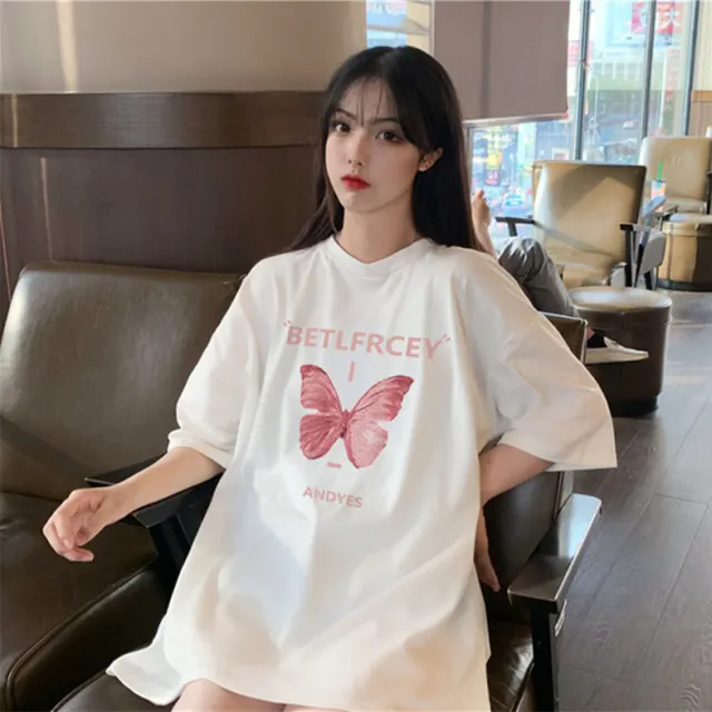 Butterfly Print Bottoms Missing Vintage Sense Loose Short sleeved White - Shop at LoveMi