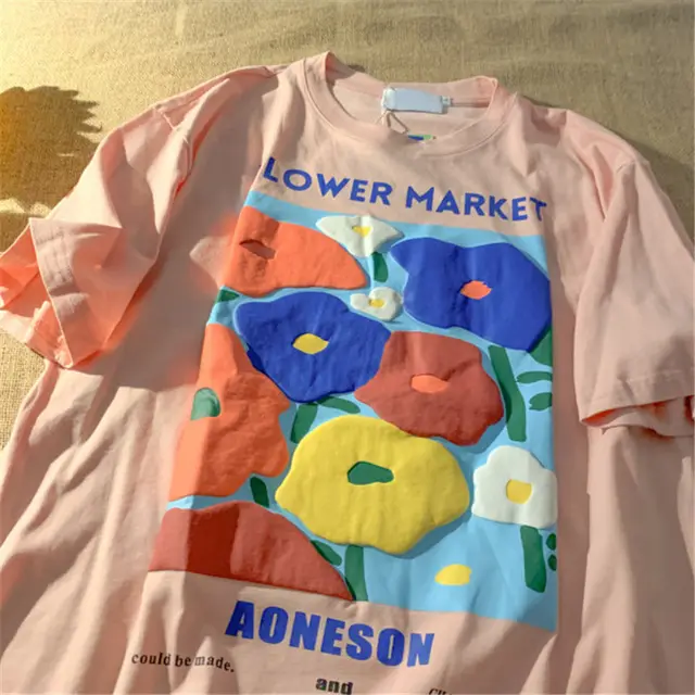 Design Small Crowd Foam Flower Short Sleeve T shirt Women's Summer Relaxed Over Size Chic Half Sleeve Top Pink - Shop at LoveMi