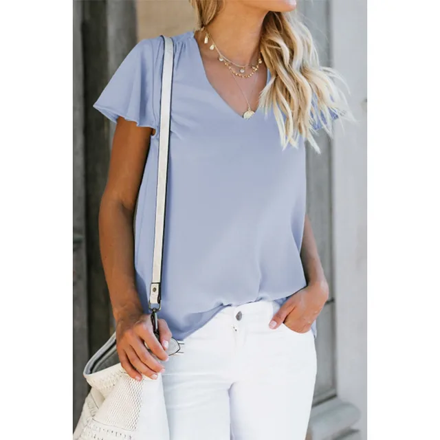 Solid Color Loose V neck Pleated Short Sleeves Light Blue - Shop at LoveMi