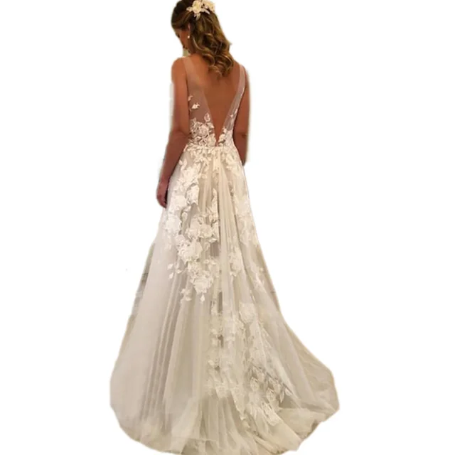 Double shoulder Deep V neck Slim fit Lace Wrapped Shoulder Tail Wedding Dress Ivory - Shop at LoveMi