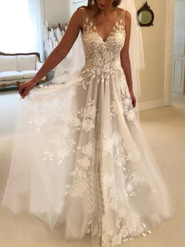 Double shoulder Deep V neck Slim fit Lace Wrapped Shoulder Tail Wedding Dress White - Shop at LoveMi