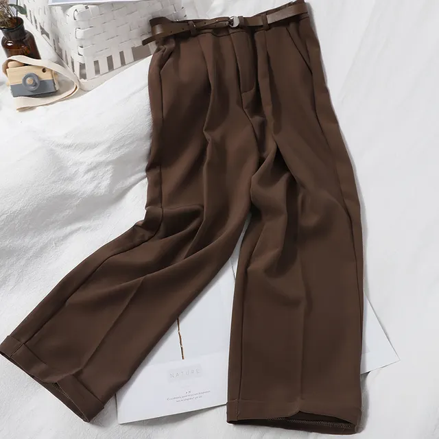 Korean Style Solid Color Casual Pants High Waist Suit Trousers Women Brown - Shop at LoveMi