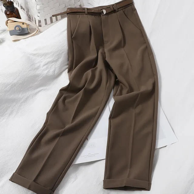 Korean Style Solid Color Casual Pants High Waist Suit Trousers Women Coffee - Shop at LoveMi