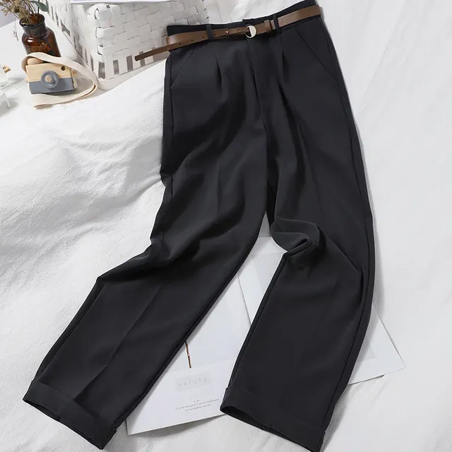 Korean Style Solid Color Casual Pants High Waist Suit Trousers Women Dark Grey - Shop at LoveMi