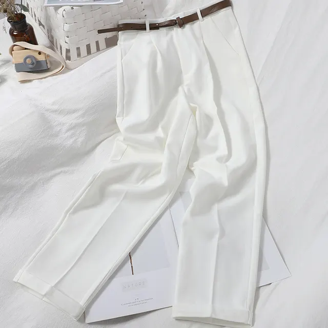 Korean Style Solid Color Casual Pants High Waist Suit Trousers Women White - Shop at LoveMi
