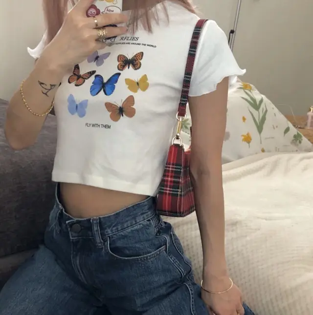 Women's Summer Short T shirt With Butterfly Print White - Shop at LoveMi