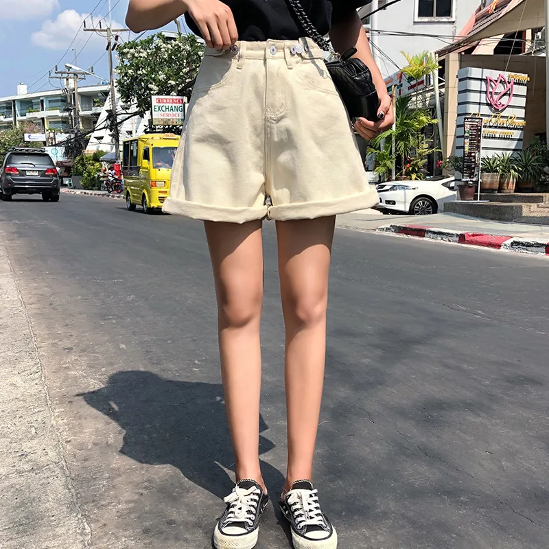 Five point Rolled up Wide leg High waisted Denim Shorts Apricot - Shop at LoveMi