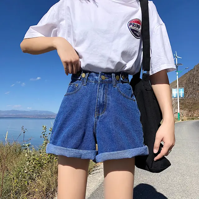 Five point Rolled up Wide leg High waisted Denim Shorts Dark Blue - Shop at LoveMi