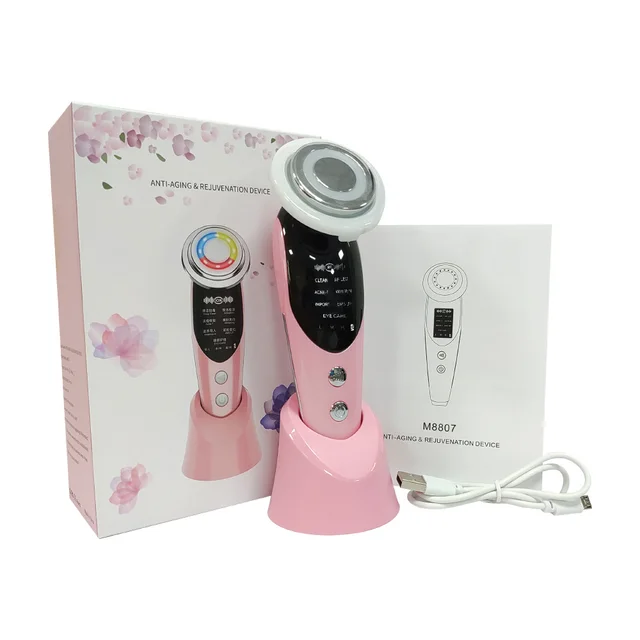 7 in 1 Facial Massager EMS Micro current Color Light Vibration LED Beauty Purifying Introducer Skin Care Beauty Device Pink - Shop at LoveMi