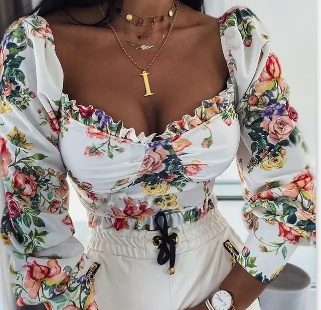 Spring New Printed Rose Flower Long sleeved T shirt In Stock White - Shop at LoveMi