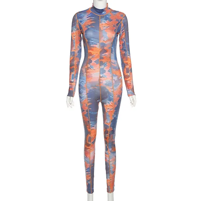 New Fashion Printed Long Sleeve Slim Sports Jumpsuit Blue - Shop at LoveMi