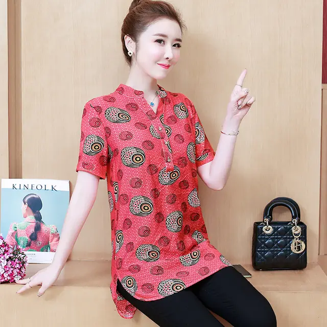 Large Size Mid length Shirt Women's Half sleeved Top Red A - Shop at LoveMi