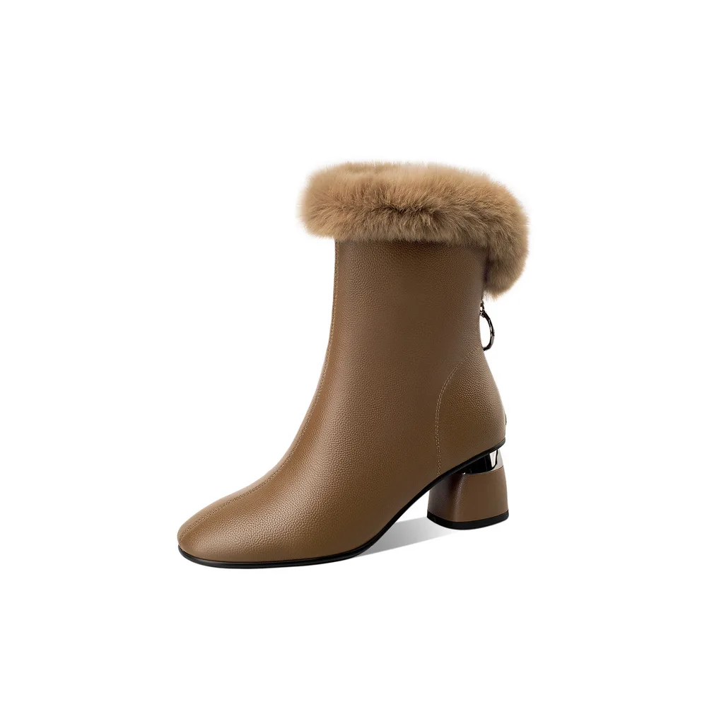 Wool Lining Fashion Boots Autumn And Winter New Leather Ankle Boots Khaki - Shop at LoveMi