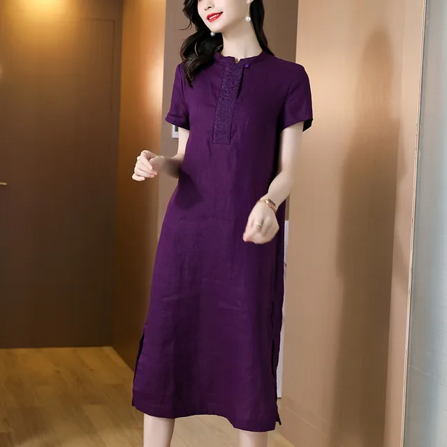 Summer Ramie Dress Female High end Western Style Retro Literary Purple - Shop at LoveMi
