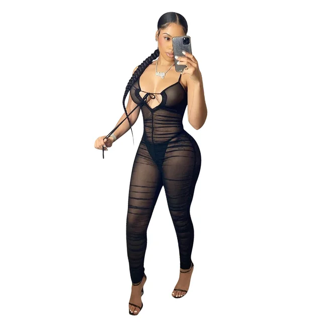 Beyprern Sheer Mesh Ruched Skinny Jumpsuits Women Rompers Black - Shop at LoveMi
