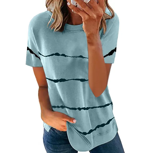 Printed Striped Loose Short Sleeves Sky Blue - Shop at LoveMi