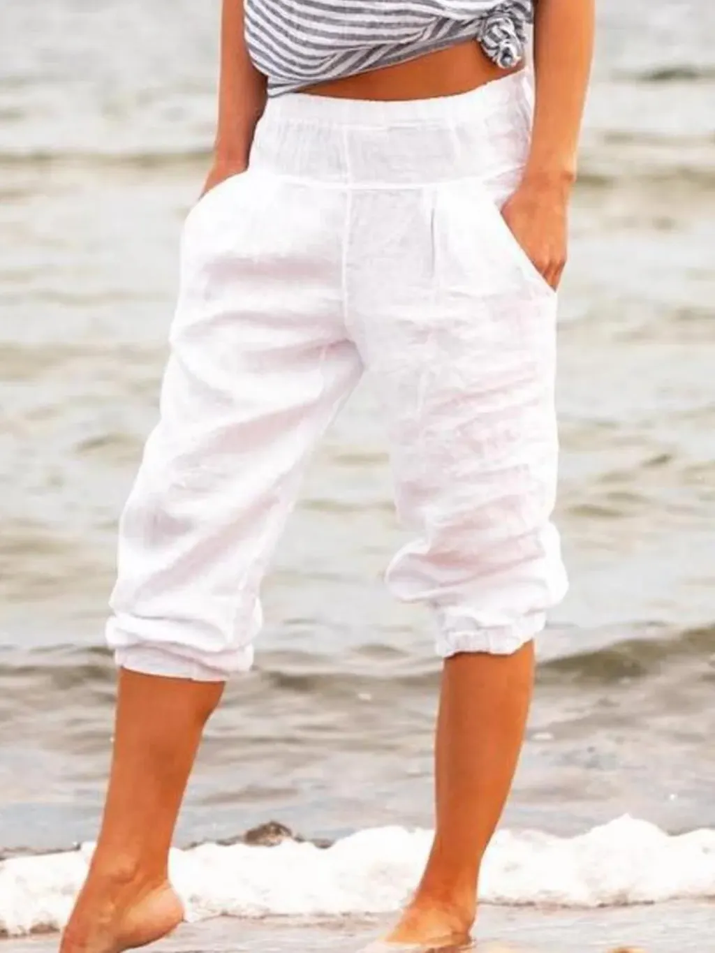 Casual Solid Color Cotton And Linen Cropped Trousers - White