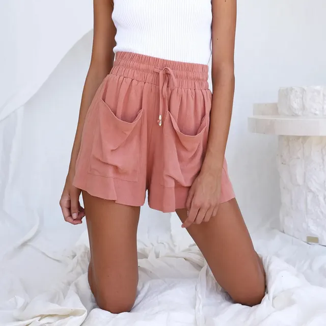 Women's Summer Cotton And Linen Drawstring High Waist Large Size Loose Wide Leg Shorts Pink - Shop at LoveMi