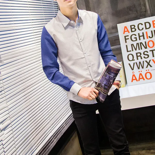 Shopkeeper Style New Fashion Polka Dot Printing Men's Shirt British Color Matching Long sleeved Shirt Y095 White - Shop at LoveMi