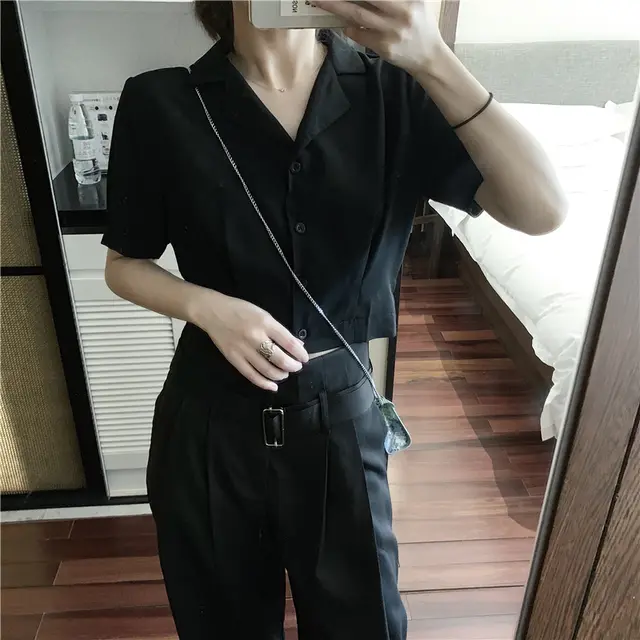 Korean Style All match Suit Small Lapel Short Sleeve Pleated Shirt Black - Shop at LoveMi