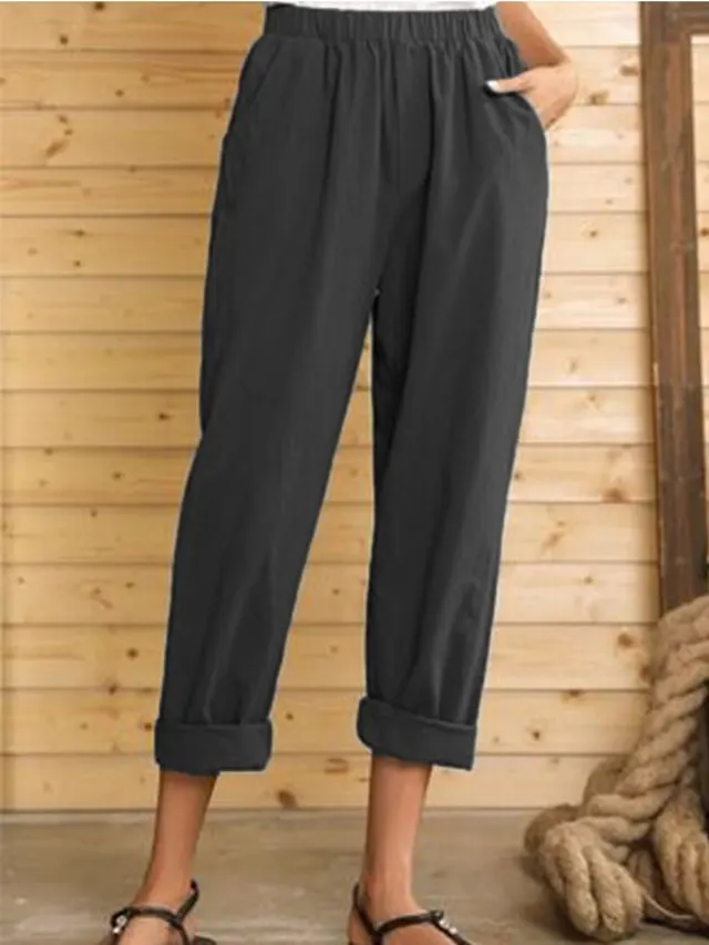 Casual Pants Solid Color Cotton And Linen Trousers Black - Shop at LoveMi
