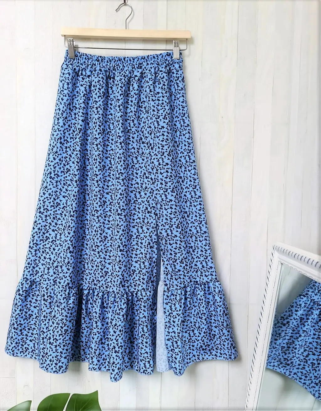 Summer Stitching Ruffle Skirt Elastic Waist Floral Long Skirt A-Line Mid-Length Skirt - Blue