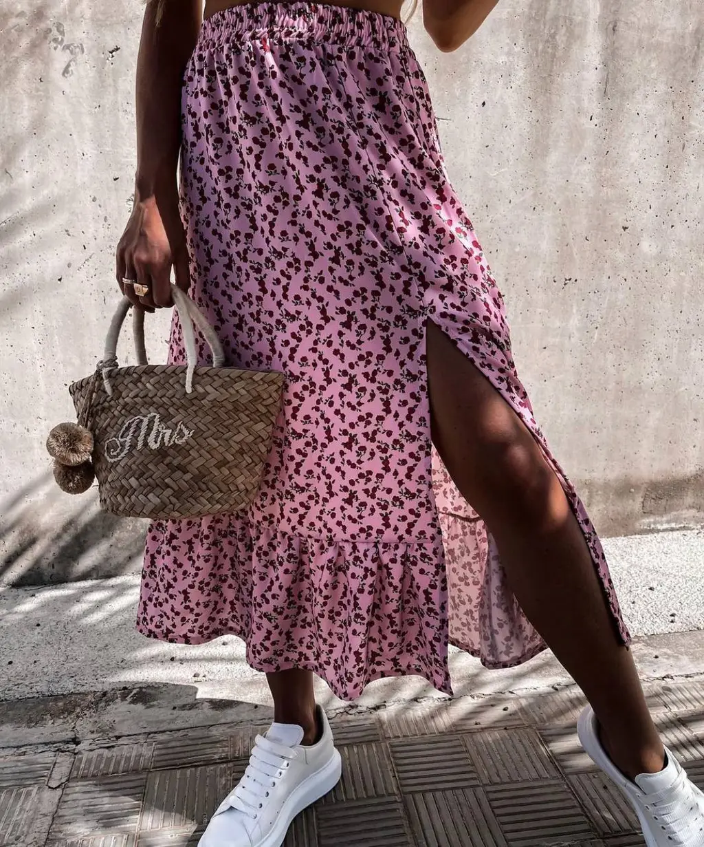 Summer Stitching Ruffle Skirt Elastic Waist Floral Long Skirt A-Line Mid-Length Skirt - Red