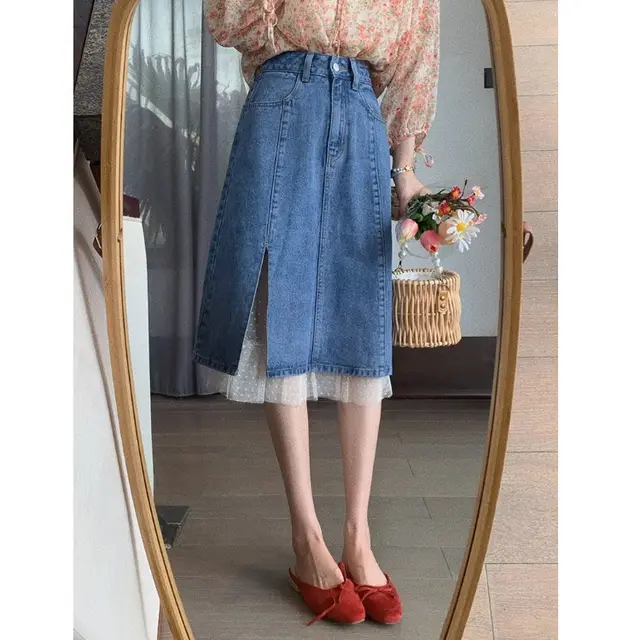 Mid length Slit Design Niche Mesh Stitching Skirt Light Blue - Shop at LoveMi