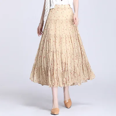 Floral Stitching Chiffon Skirt Khaki - Shop at LoveMi