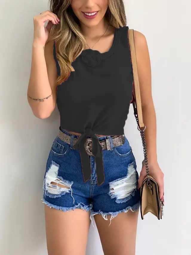 New Fashion Short Jacket Round Neck Casual Women's Waist Waist Tank Top T Shirt Black - Shop at LoveMi