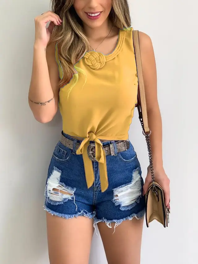 New Fashion Short Jacket Round Neck Casual Women's Waist Waist Tank Top T Shirt Yellow - Shop at LoveMi