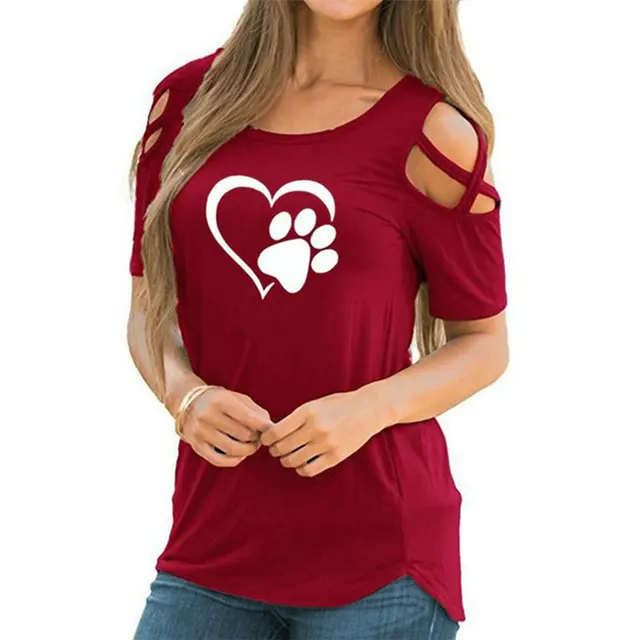 Printed Strapless T shirt Ladies Short sleeved T shirt Hollow Top Women Footprints Red - Shop at LoveMi