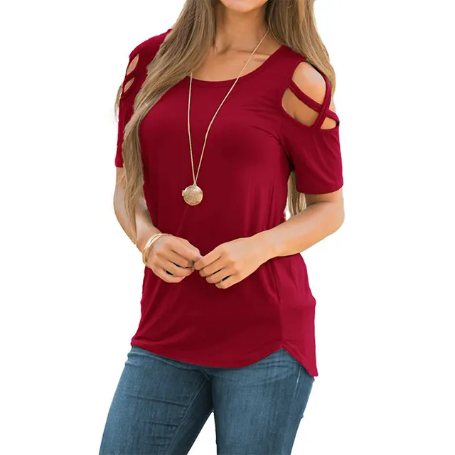 Printed Strapless T shirt Ladies Short sleeved T shirt Hollow Top Women Red - Shop at LoveMi