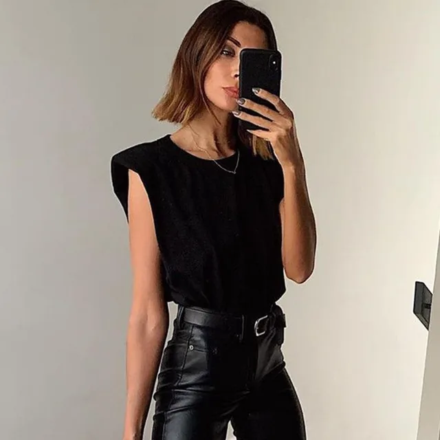 Fashionable Shoulder Pads Silhouette Vest T shirt Black - Shop at LoveMi