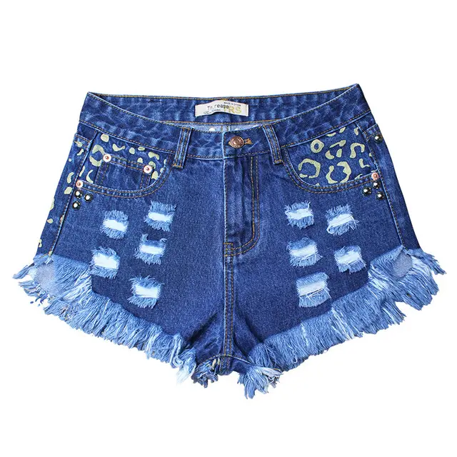 Ripped Loose High Waist Rivet Denim Shorts Printed Pants Dark Blue - Shop at LoveMi