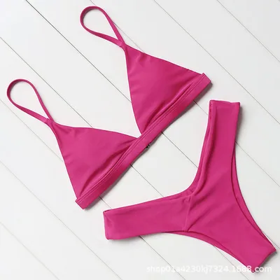 Solid Color Bikini Sexy Strappy Swimsuit Rose Pink - Shop at LoveMi