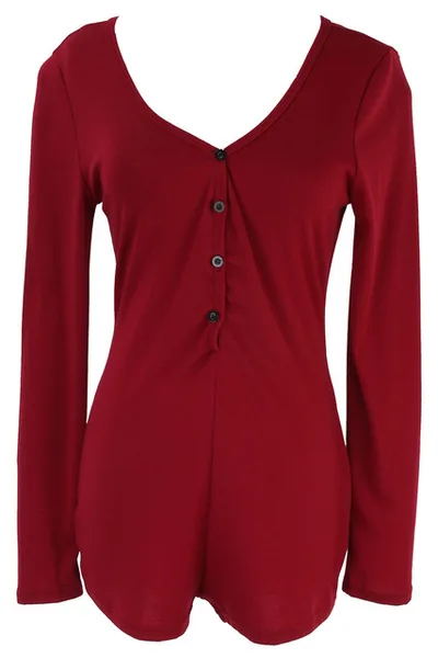 Women Sexy V Neck Cotton Bodysuit Long Sleeve Autumn Red - Shop at LoveMi