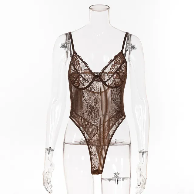 Sexy Lingerie Lace Stitching Mesh Bodysuit Coffee - Shop at LoveMi