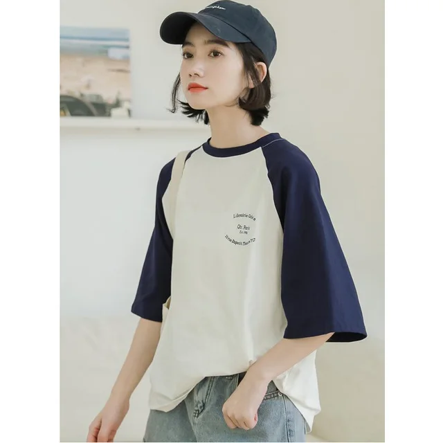 Contrasting Short sleeved T shirt Women's Summer New Design Niche Loose Half sleeved Top White - Shop at LoveMi