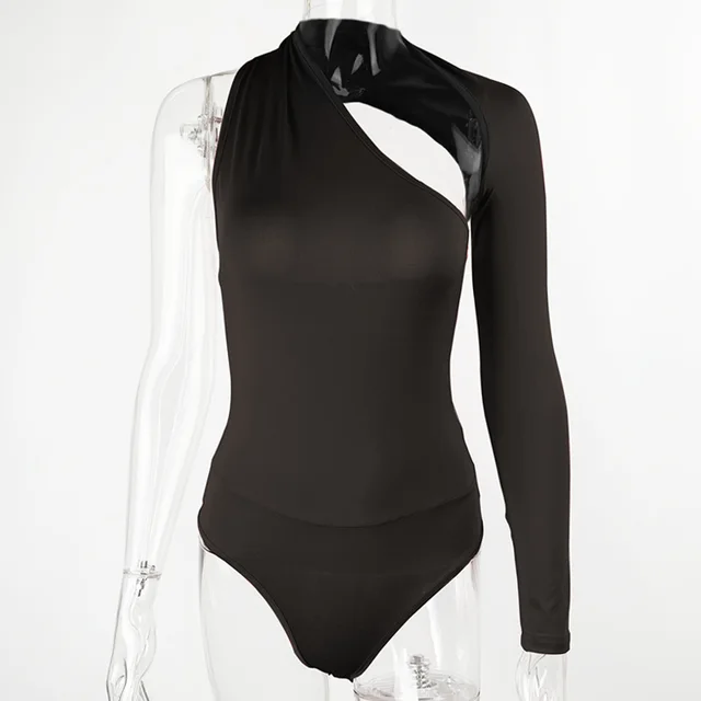Irregular Sexy One shoulder Long sleeved Bodysuit Black - Shop at LoveMi