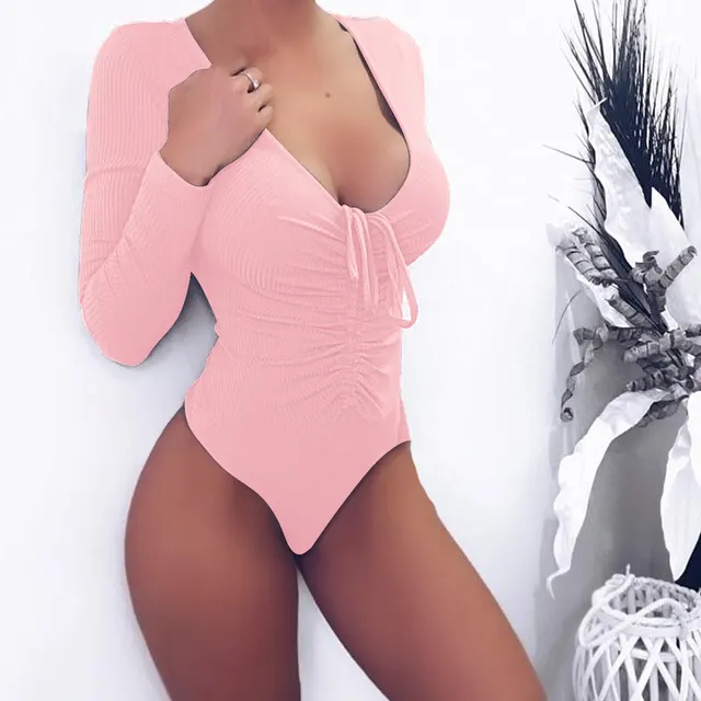 Women's Long sleeved Deep V Lace up Jumpsuit Slim Fit Jumpsuit Pink - Shop at LoveMi