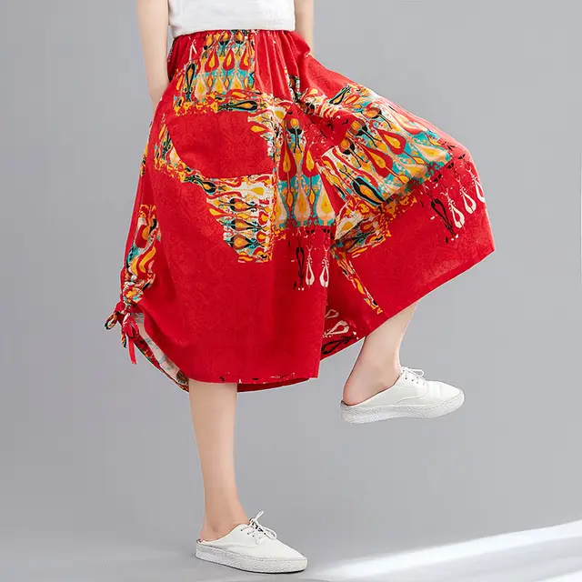 Cotton And Linen Ethnic Print Cropped Wide leg Pants Red - Shop at LoveMi