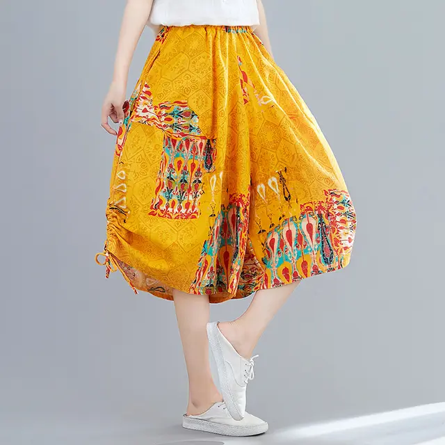 Cotton And Linen Ethnic Print Cropped Wide leg Pants Yellow - Shop at LoveMi