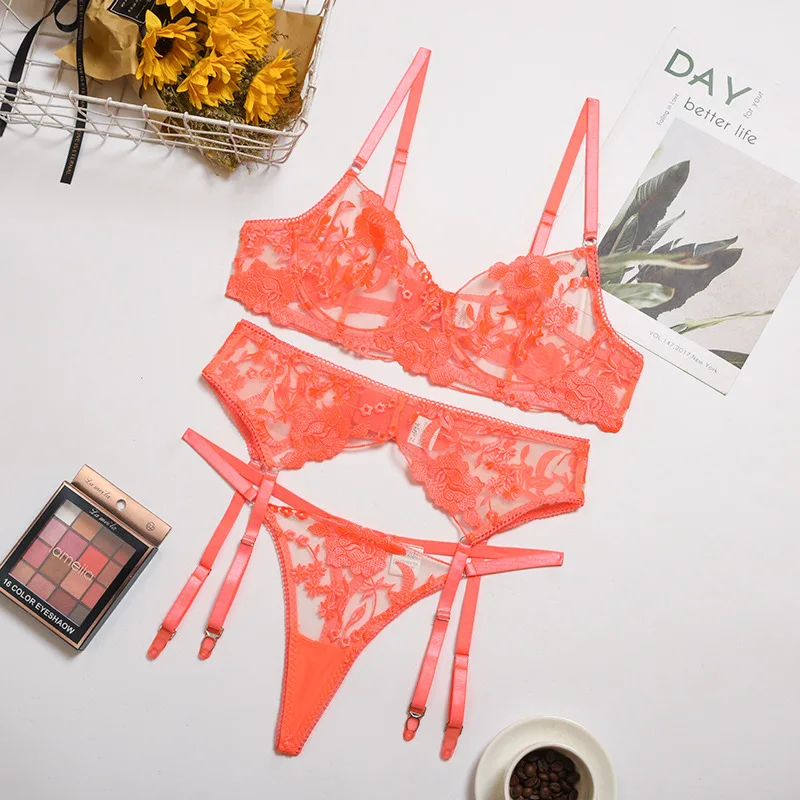 Bra And Panty Set Women Underwear Lace Lingerie Cup See Through - Orange