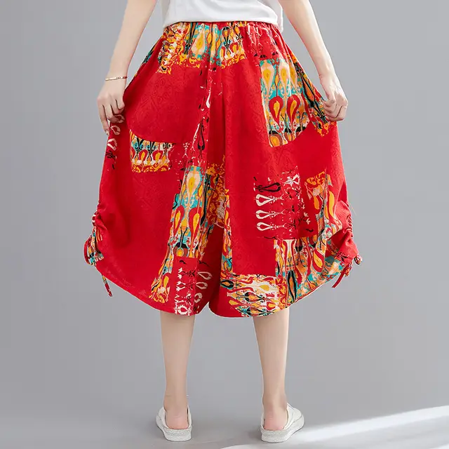 Summer new cotton hemp large ethnic style printed Capri wide leg pants Red - Shop at LoveMi