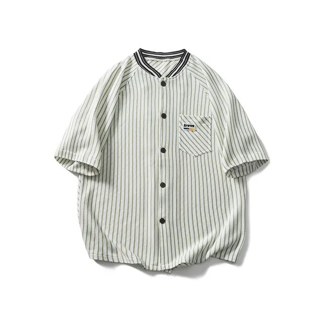 Sick Peak Vintage Vertical Stripes Round Neck Short sleeved Shirt Green - Shop at LoveMi